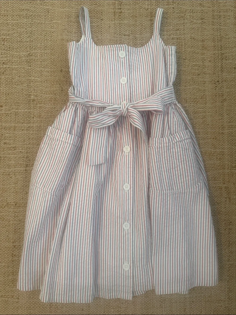 NWT Hope & Henry Girls Belted Button Down Sleeveless Seersucker Dress, 4